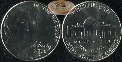 США. Монета 5 центов [Никель]. 2010.D (KM#381. Unc) Усовершенствованный Монтичелло