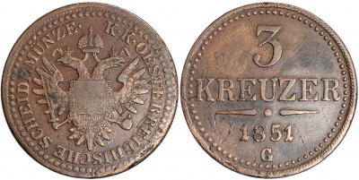 Австро-Венгрия [Австрия]. Монета 3 крейцера. 1851.G (KM#2193. aXF)