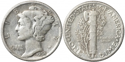 США. Монета 10 центов [Дайм]. 1930 (KM#140.XF. Серебро) Winged Liberty (Mercury) dime
