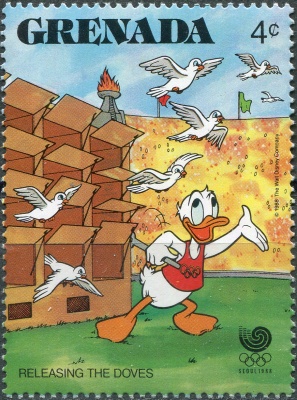 Гренада. 1988. Дональд Дак выпускает голубей (Почтовая марка. MNH OG)