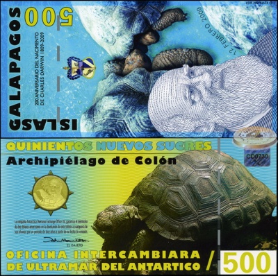 Галапагосские о-ва. Банкнота 500 новых сукров. 12.02.2009. Unc. Пластик. Кат# P.NL