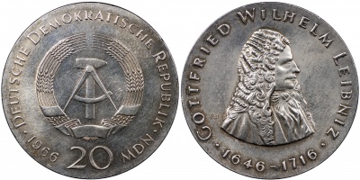 Германия [ГДР]. Монета 20 марок. 1966.A (J.1518 Unc. Серебро) 250 лет со дня смерти Г.В.Лейбница