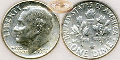 США. 10 центов (Дайм). 1957 (BU / MS-67. Слаб. Серебро)
