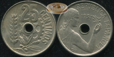 Испания. 25 центимов. 1934 (XF+/aUnc)