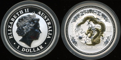 Австралия. 1 доллар. Год Дракона. 2000 (Серебро с позолотой)