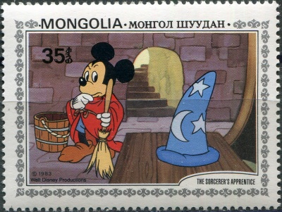 Монголия. 1983. Микки замечает, что Волшебник забыл свою шапочку (Почтовая марка. MNH OG)