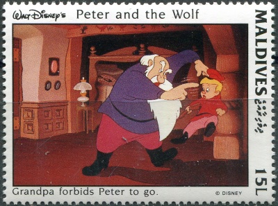 Мальдивы. 1993. Дедушка запрещает Пете уходить (Почтовая марка. MNH OG)