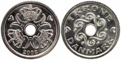 Дания. Монета 1 крона. 2008 (KM#873.2. Unc)