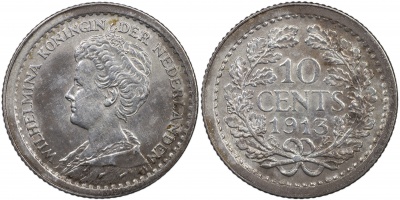 Нидерланды. Монета 10 центов. 1913 (KM#145. XF+. Серебро)