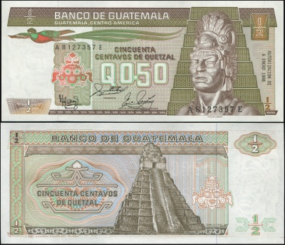 Гватемала. Банкнота 1/2 кетцаля. 06.01.1988. Unc. Бумага. Кат# P.65m