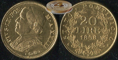 Ватикан. 20 лир. 1868 / AN: XXIII (XF+/aUnc. Золото)