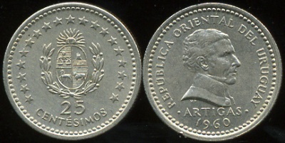 Уругвай. 25 сентезимо. 1960