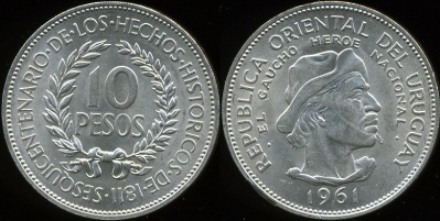 Уругвай. 10 песо. 1961 (aUnc. Серебро)