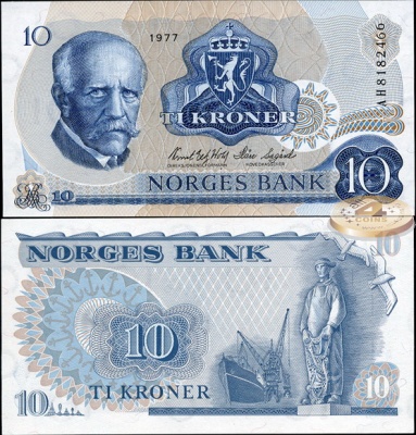 Норвегия. 10 крон (Unc) 1977
