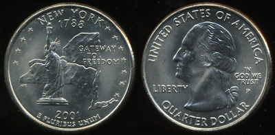 США. Квотер (25 центов). 2001.P (Unc) Нью-Йорк