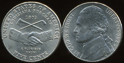 США. Монета 5 центов [Никель]. 2004.P (KM#360. Unc) Покупка Луизианы