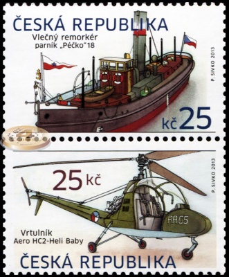 Чехия. 2013. Паровой буксир «Péčko» и вертолет Aero HC2 - «Heli Baby» (Сцепка. MNH OG)