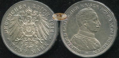 Германия (Пруссия). 5 марок. 1914.A (aUnc. Серебро)
