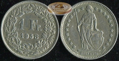 Швейцария. 1 франк. 1958 (aUnc. Серебро)