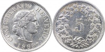 Швейцария. Монета 5 раппенов. 1969.B (S.1212 / KM#26. Unc)
