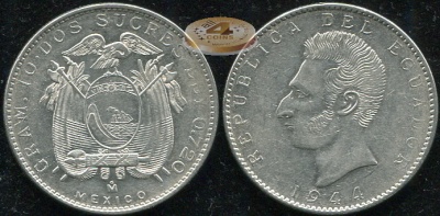 Эквадор. 2 сукра. 1944 (aUnc/XF. Серебро)