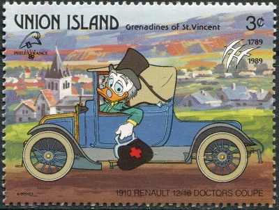 Сент-Винсент и Гренадины. 1989. Исторический автомобиль. Рено 12/16 (1910) (Почтовая марка. MNH OG)