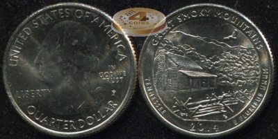 США. Монета 25 центов [Квотер]. 2014.P (KM#566. Unc) Great Smoky Mountains [Tennessee]