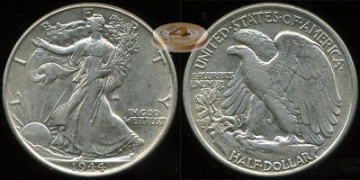 США. 1/2 доллара. 1944 (aUnc. Серебро)