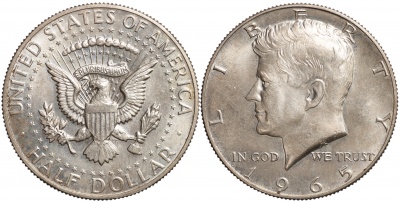США. Монета 50 центов (1/2 доллара). 1965.(P) (KM#202a. Unc. Серебро) Kennedy Half Dollar