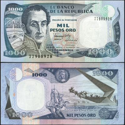 Колумбия. Банкнота 1000 песо оро. 01.01.1990. Unc. Бумага. Кат# P.432f