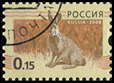 Россия. 2008. Заяц на золотисто-оранжевом фоне (Почтовая марка. CTO Гашеная)