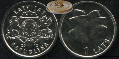 Латвия. Монета 1 лат. 2012 (KM#136. Unc) Рождественские колокольчики