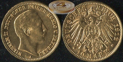 Германия (Пруссия). 10 марок. 1912.A (XF+/Unc. Золото)