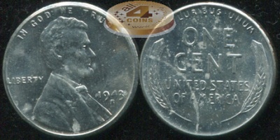 США. Монета 1 цент. 1943.S (KM#132a. Unc) Lincoln Cent. Wheat Ears