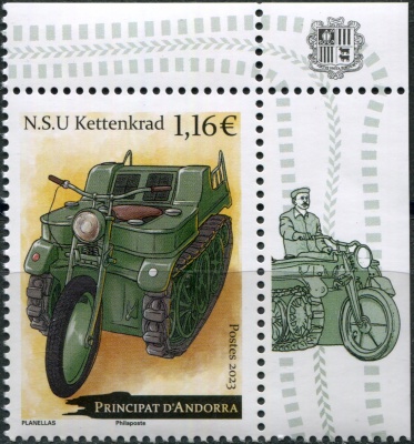 Андорра Французская. 2023. Гусеничный мототягач NSU Kettenkrad (III) (Почтовая марка. MNH OG)