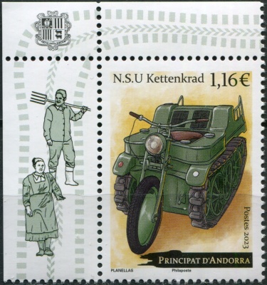 Андорра Французская. 2023. Гусеничный мототягач NSU Kettenkrad (I) (Почтовая марка. MNH OG)