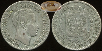 Германия (Пруссия). 1/6 талера. 1826 D (aVF. Серебро)