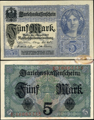 Германия (кайзеррейх). 5 марок (Unc) 1917