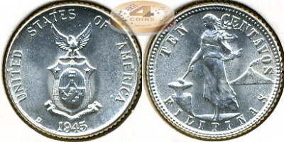 Филиппины. 10 центаво. 1945 (XF+. Серебро)
