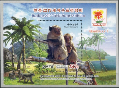 КНДР. 2017. Макак-крабоед  (Macaca fascicularis) (Почтовый блок. MNH OG)