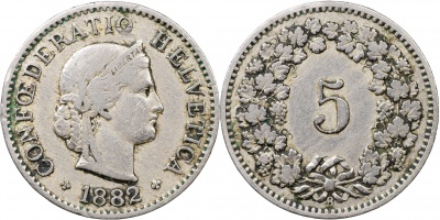 Швейцария. Монета 5 раппенов. 1882.B (S.1212 / KM#26. VF/XF)