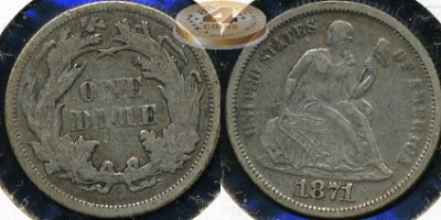 США. 10 центов (Дайм). 1871 (VF+. Серебро)