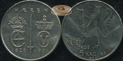 Норвегия. Монета 5 крон. 1978 (KM#423. Unc) 350 лет армии Норвегии