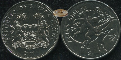 Сьерра-Леоне. Монета 1 доллар. 2011 (KM#369. Unc) Чернорукий гиббон