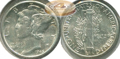 США. 10 центов (Дайм). 1945 (Unc. Серебро)