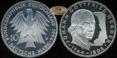 Германия (ФРГ). 10 марок. 1994 (Proof-. Серебро)