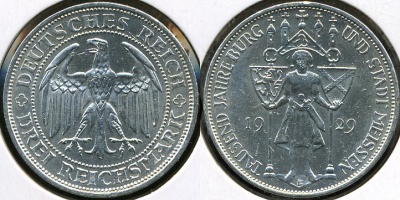 Германия (Веймар). 3 рейхсмарки. 1929(E) (aUnc. Серебро)