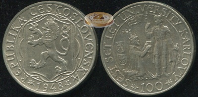 Чехословакия. 100 крон. 1948 (Unc. Серебро)