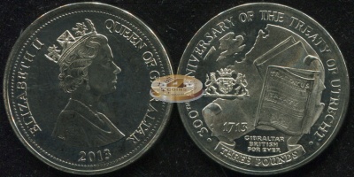 Гибралтар. Монета 3 фунта. 2013 (KM#NL. Unc) 300 лет Утрехтскому мирному договору