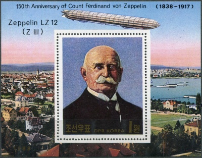 КНДР. 1988. 150-летие со дня рождения графа Фердинанда фон Цеппелина (Почтовый блок. MNH OG)